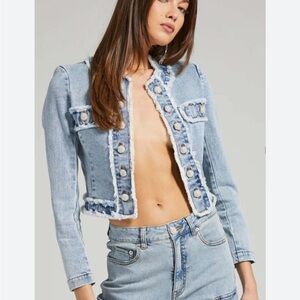 GENERATION LOVE Anita frayed blazer jacket light blue denim rhinestone buttons L